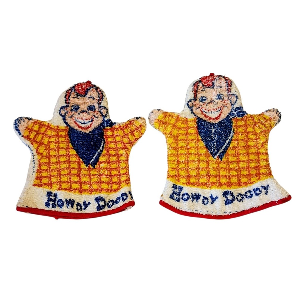 🔥 Two (2) 1950's Howdy Doody Terry Cloth Wash Cloth Hand Puppets Vintage 🔥